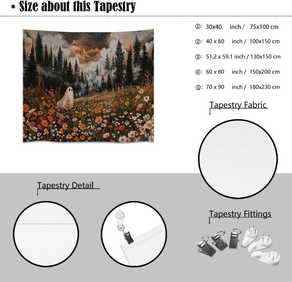 Spooky Fall Forest Art Halloween Tapestry Wall Hanging Cute and Funny Forest Flower Ghost Tapestry for Bedroom Whimsical Dark Academia Aesthetic Tapestries for Home Living Room Decor 30x40inch