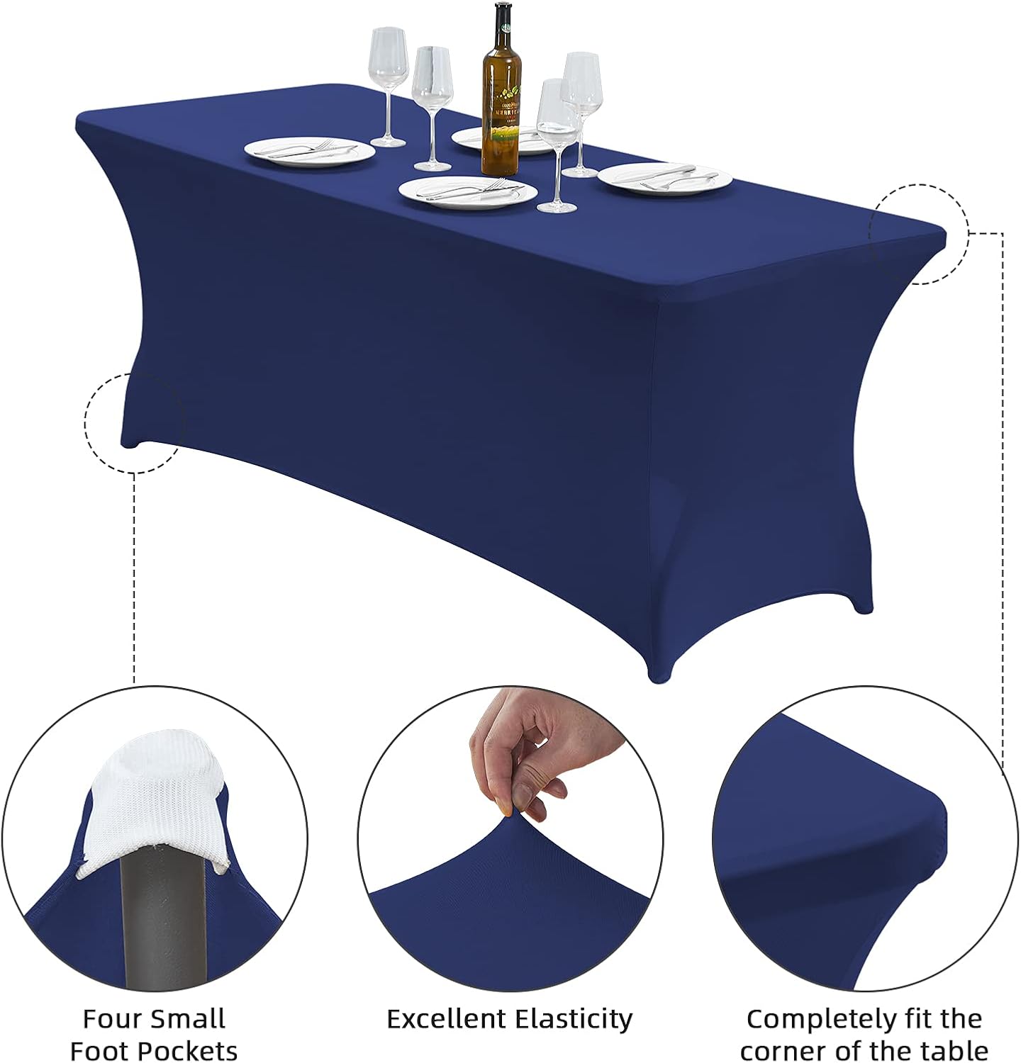 CWK 4FT Waterproof Stretch Spandex Table Cover for Rectangular Tables - Elastic Fitted Tablecloth for Folding Tables,Wrinkle Resistant Table Cloth for Parties, Weddings, Banquets & Events (Blue)