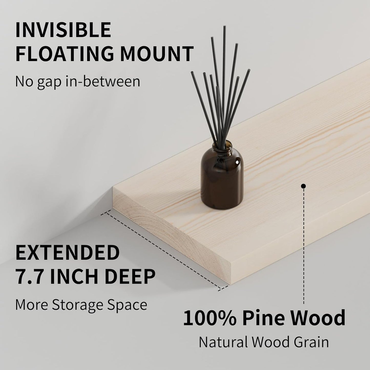 SAUMONIERES Floating Shelves 8 Inch Deep Solid Wood Wide Wall Shelf Set of 1 Wall Mounted for Bedroom Bathroom Living Room Kitchen, 48 Inch Natural