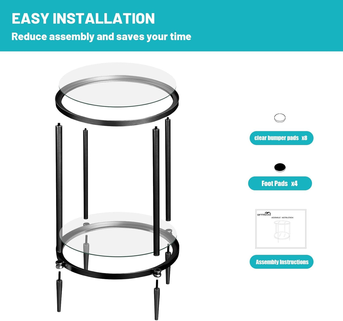 2 Tier Round Side Table, Black End Table with Glass Top, Modern Metal Clear Coffee Table，Small Accent Table for Living Room, Bedroom, 18" x 18" x 24"