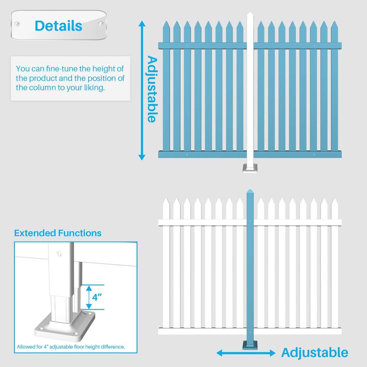 Patio Vinyl Picket Fence Post Kit 36" High for Straight PVC Decorative Fence, Installed in Muddy Floor & Cement Ground, White Fence Column Accessories for Outdoor Front Yard Garden Dog Fence Panel