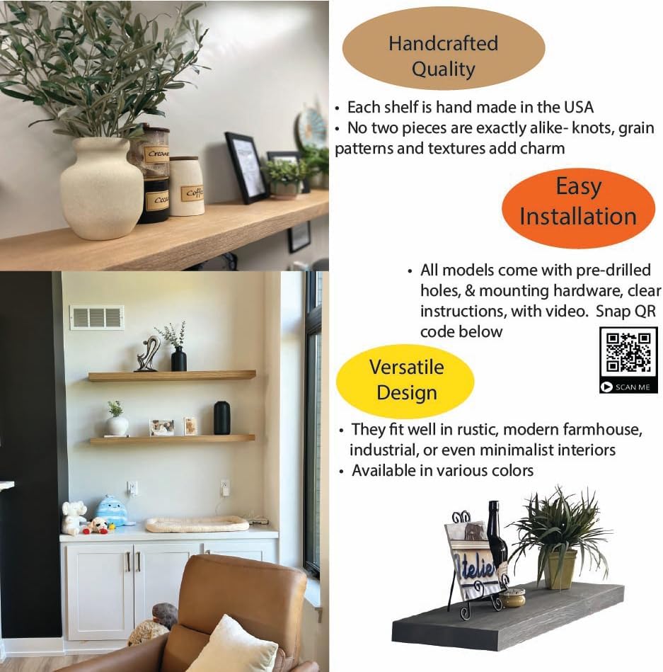 joelsantiques 42 Inch Wooden Floating Shelves for Wall - 42x6x2 in - Made of Natural Wood - Long Heavy Duty Rustic Wall Shelves for Bedroom - Perfect for Living Room, Kitchen - Natural