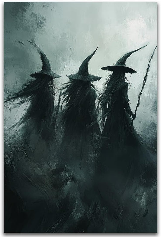 Gothic Witchs Horror Halloween Wall Art,Three Witches in Moody Forest Painting Wall Decor,Autumn Spooky Witches Forest Canvas Printing For Gallery Living Room Bedroom,16"x24" Unframed