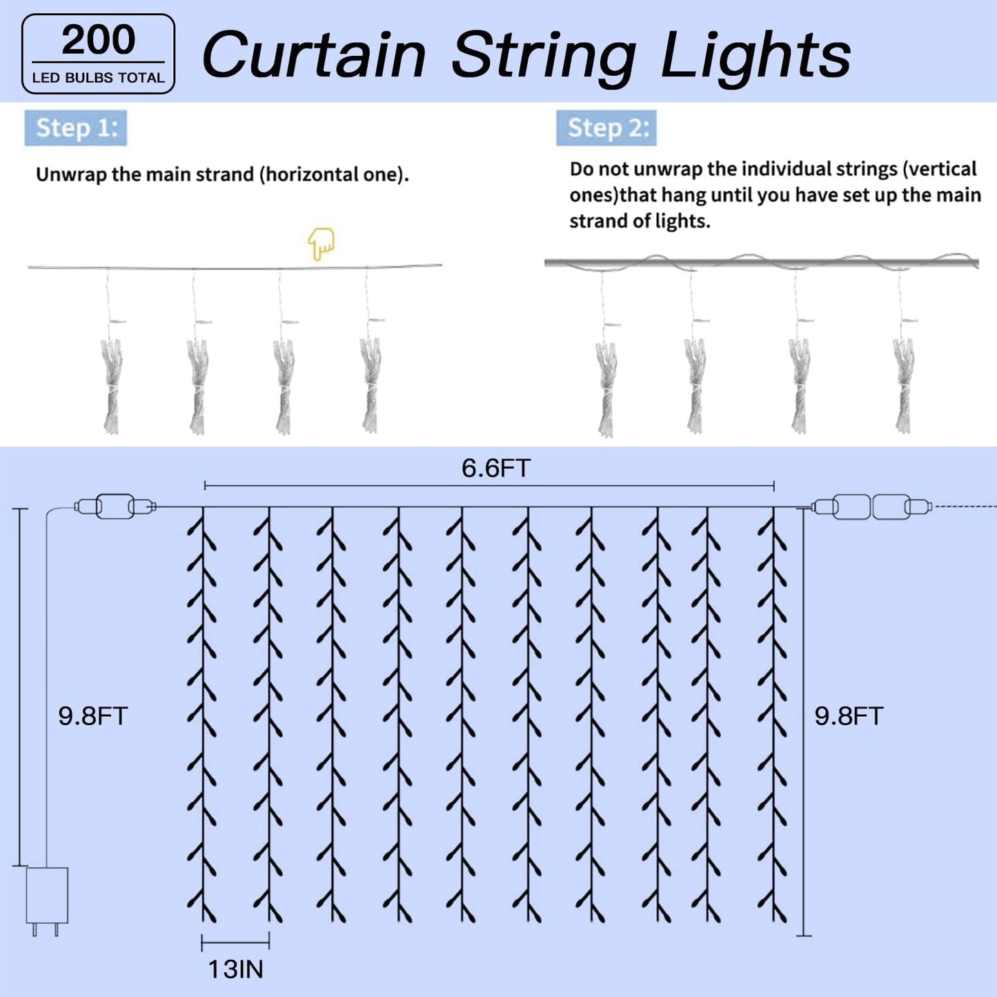 200 LED Curtain String Lights 9.8 * 6.6FT Plug in Fairy with Timer and 8 Modes, Waterproof Window Wall Lights for Bedroom Wedding Party Indoor Outdoor Christmas Decor