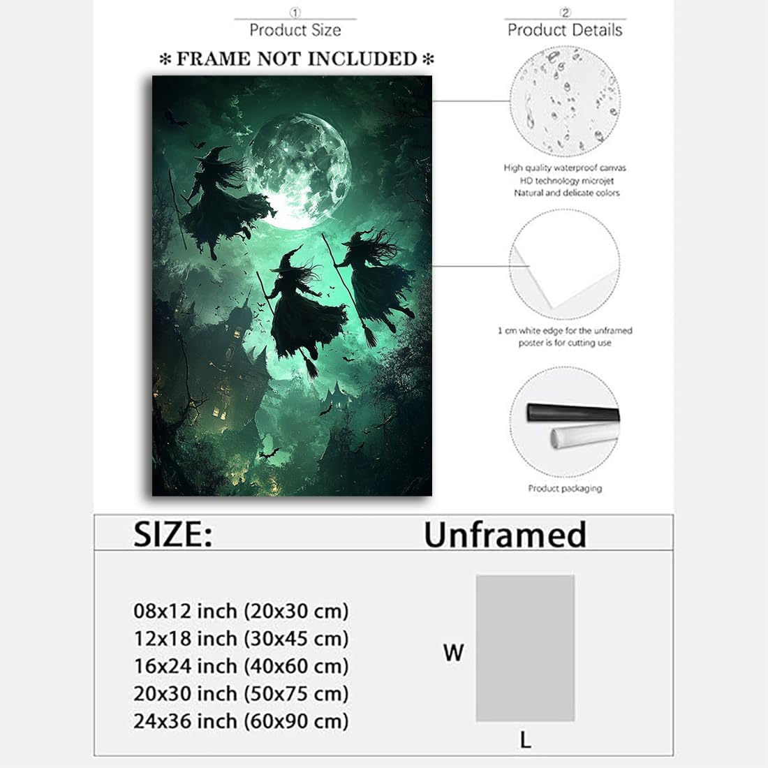 Flying Three Witches Halloween Canvas Wall Painting,Witches on Broom Under Full Moon Castle Victorian Decoration Haunted House Retro Poster for Living Room Bedroom Gallery,16"x24" Unframed