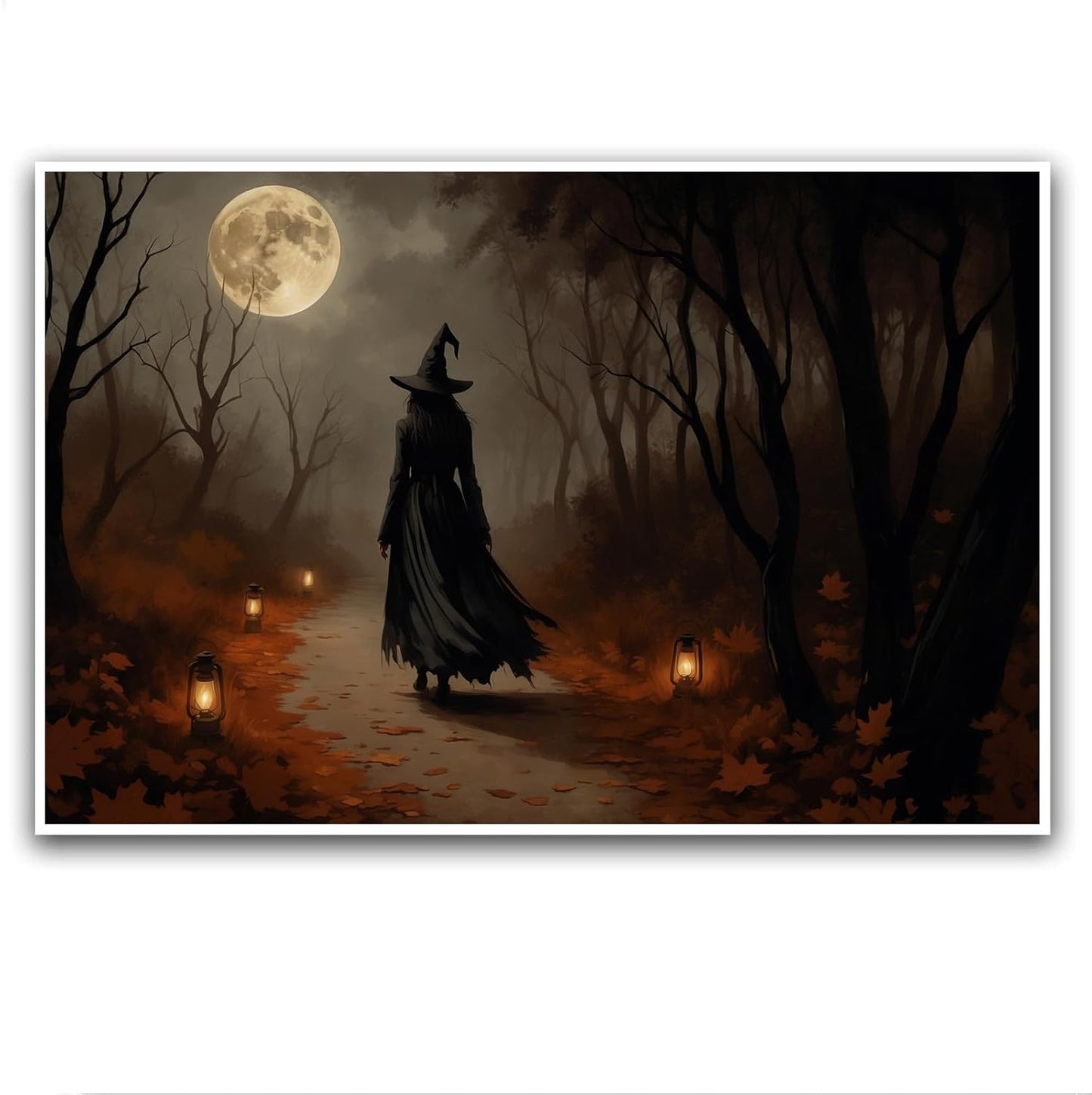 JFHCQJPK Moonlight witch poster dim lantern Halloween decoration Gothic style dark retro college style canvas wall art suitable for living room bedroom12x16in Frameless