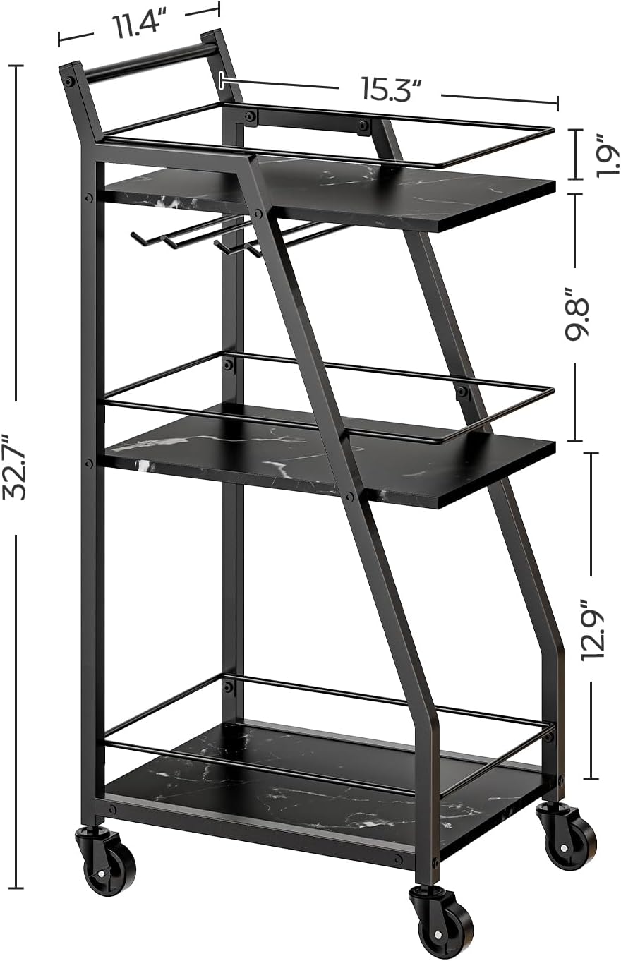 Bar Cart, Bar Cart for The Home, Small Bar Cart on Wheels, Beverage Cart, Home Bar Serving Cart with Glass Holder, Drink Cart for Bar, Kitchen, Dining, Marble Black and Black BC03BM