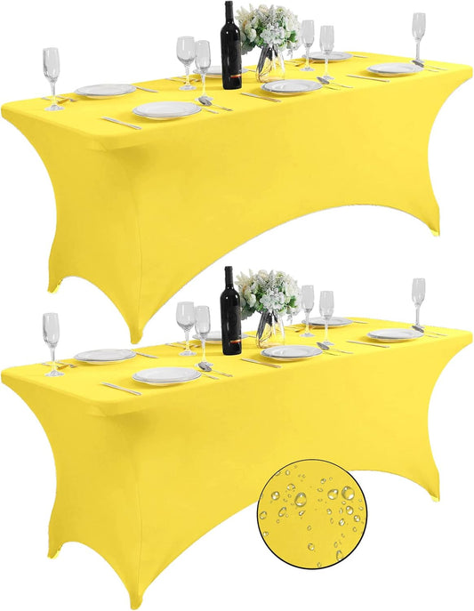 SuperO 2Pack Waterproof Spandex Table Cover for 6FT Table Universal Fitted Stretch Tablecloth for Party, Banquet, Wedding and Events-Yellow