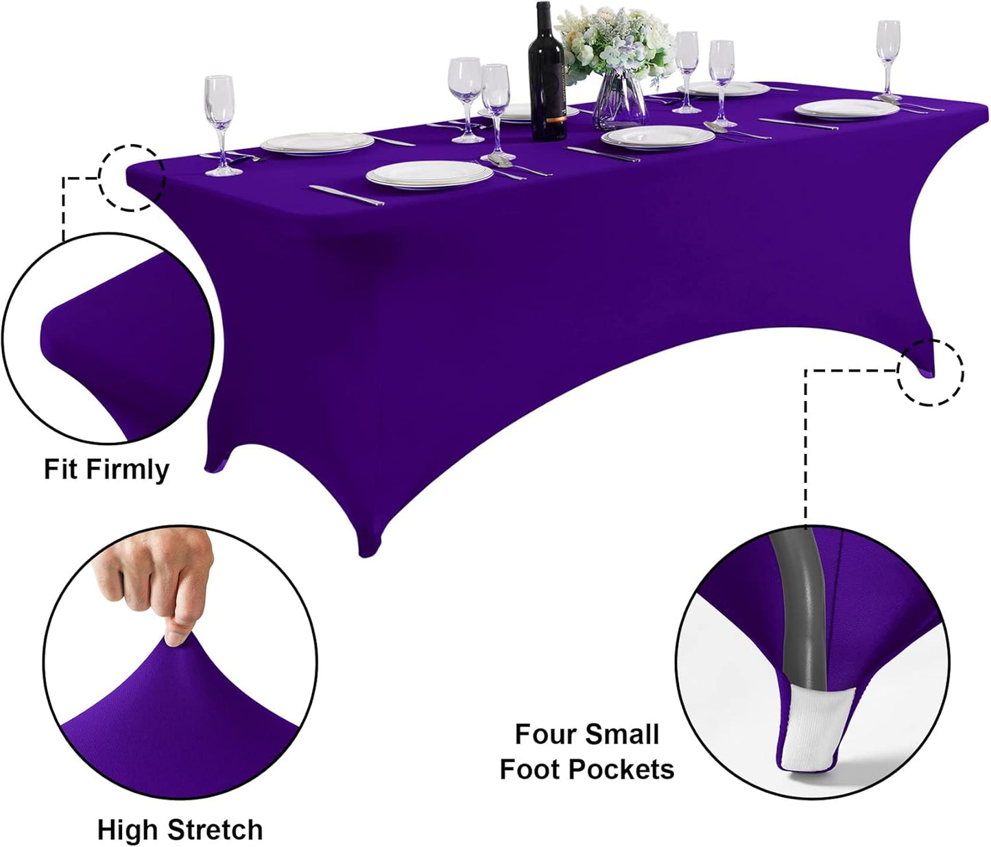 SuperO 2Pack Waterproof Spandex Table Cover for 8FT Table Universal Fitted Stretch Tablecloth for Party, Banquet, Wedding and Events-Purple