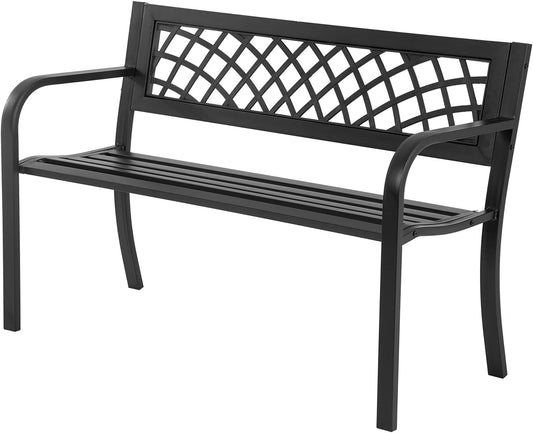 Garden Bench,Outdoor Benches,Iron Steel Frame Patio Bench with Mesh Pattern and Plastic Backrest Armrests for Lawn Yard Porch Work Entryway,Black