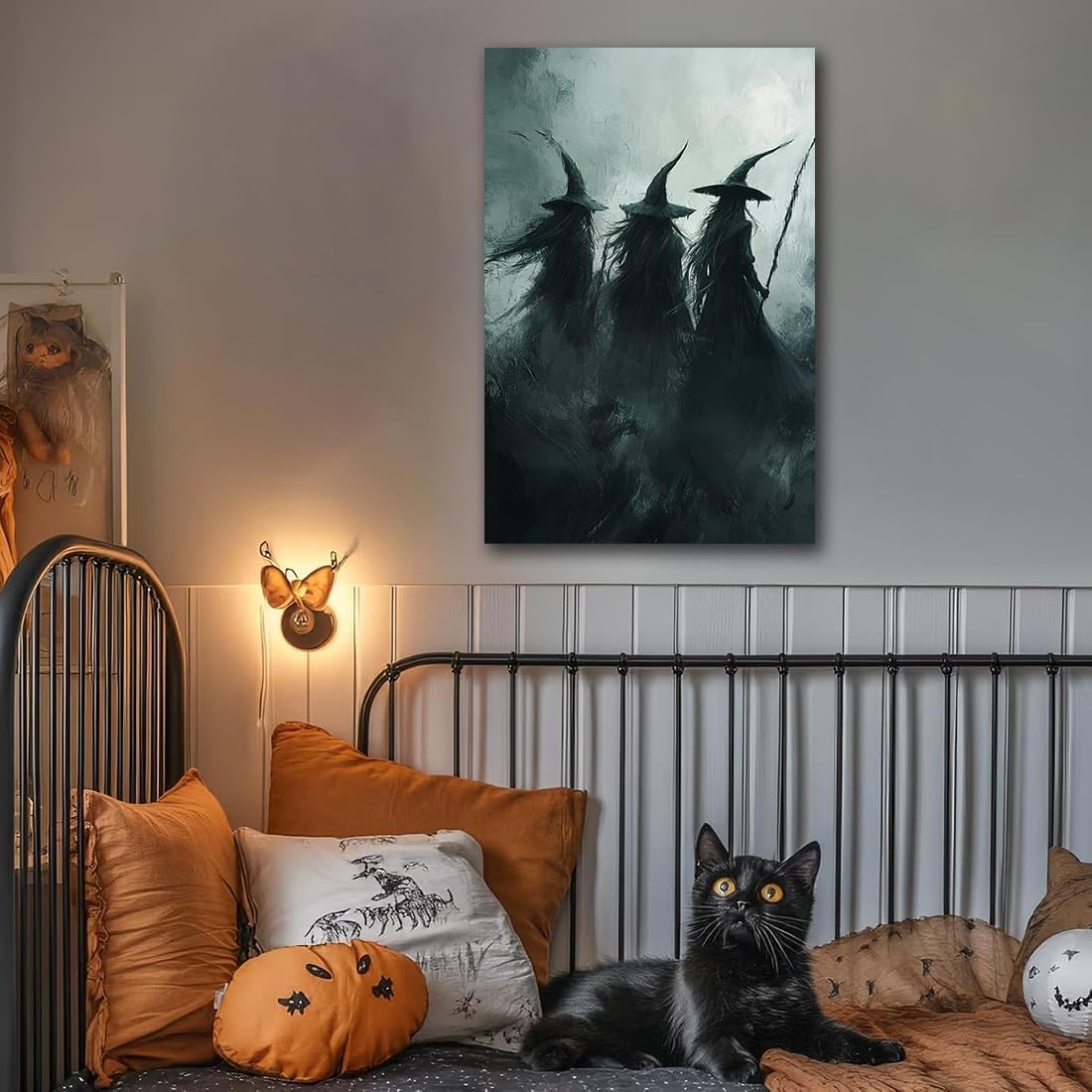 Gothic Witchs Horror Halloween Wall Art,Three Witches in Moody Forest Painting Wall Decor,Autumn Spooky Witches Forest Canvas Printing For Gallery Living Room Bedroom,16"x24" Framed
