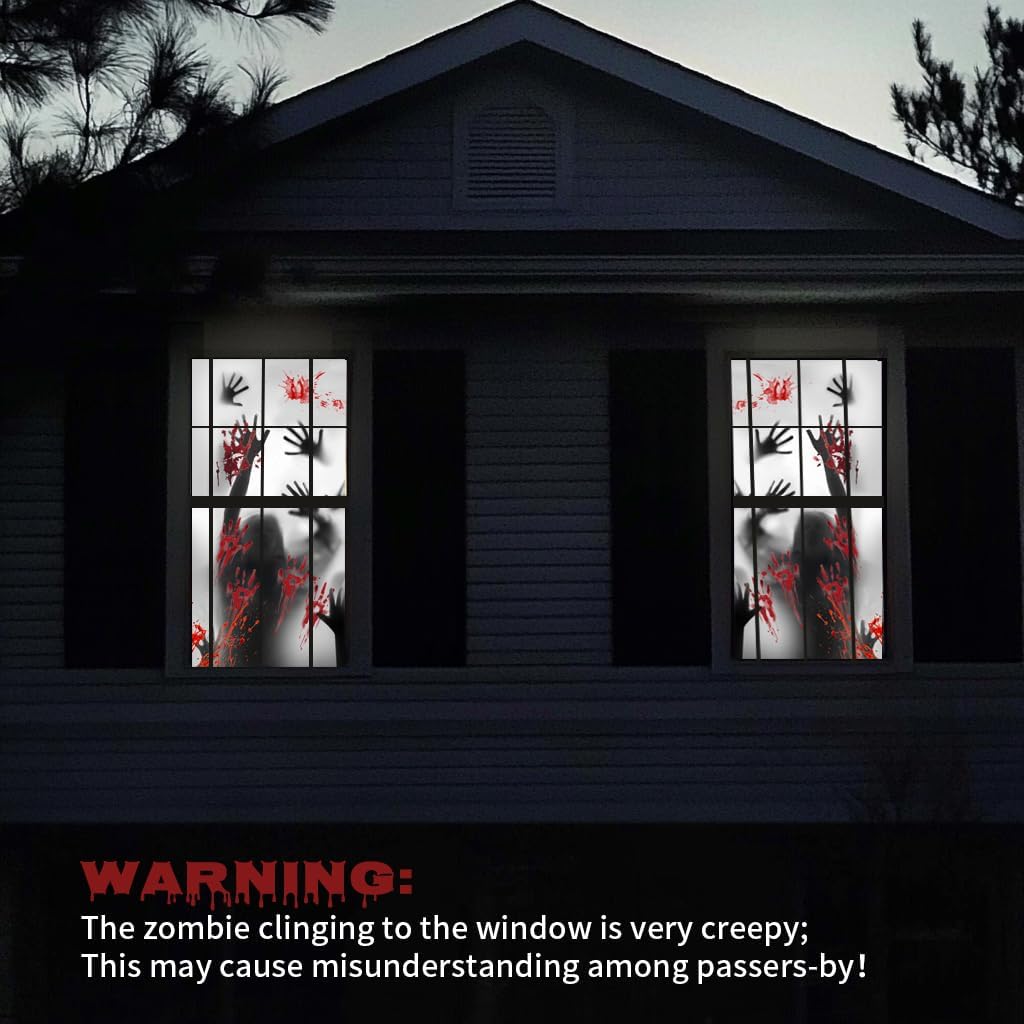Rypyp 2PCS Halloween Decorations Indoor Window Clings, Large Window/Door Covers(59x30in)- Scary Zombie with Bloody Handprints at The Window, Halloween Haunted House Party Décor, Garage Door Cover