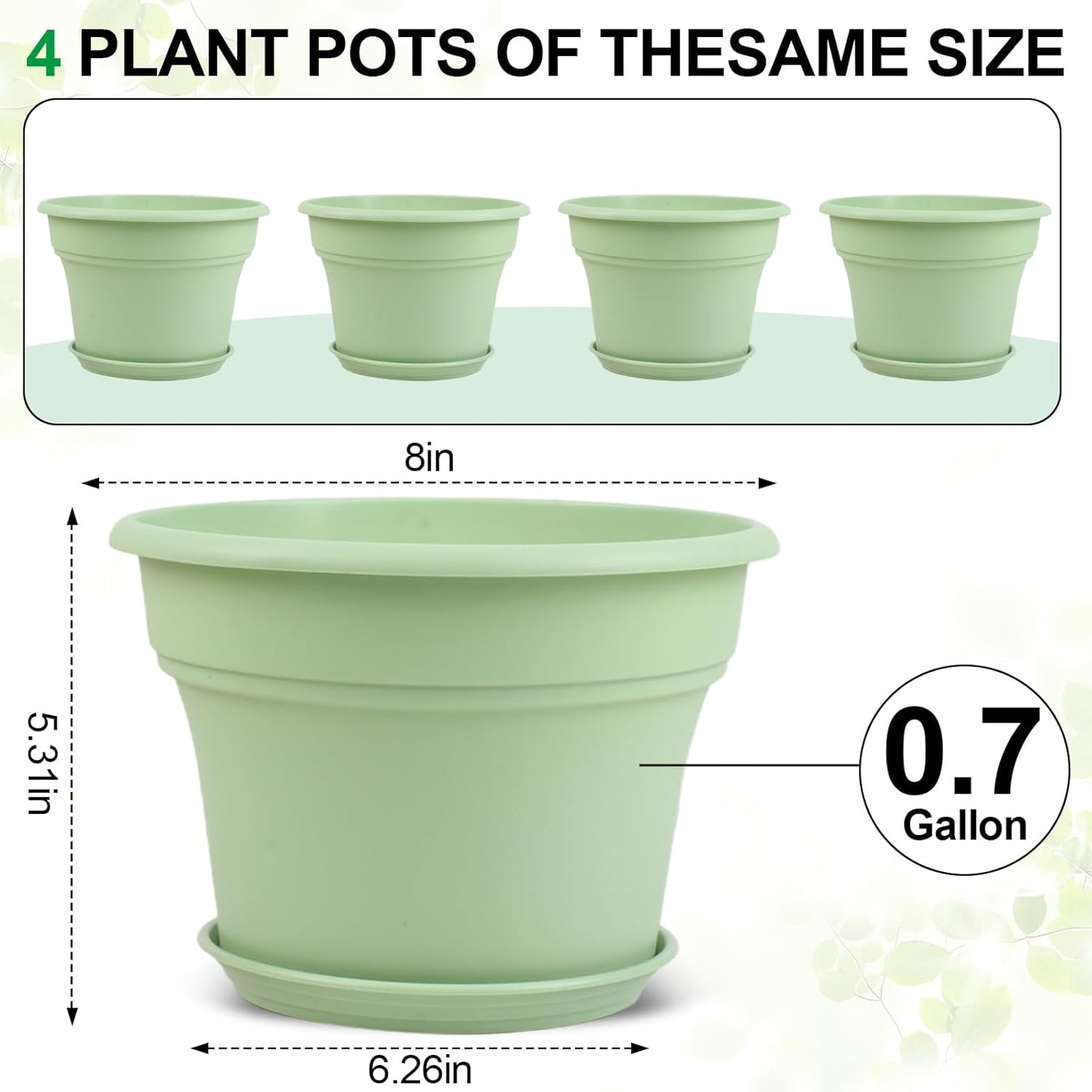 8 Inch Plastic-Flower Pot-for-Indoor Plants, 4 Pack Large Outdoor Planter Pot with Drainage Holes & Saucers, Resin Decorative Garden Pots Planters