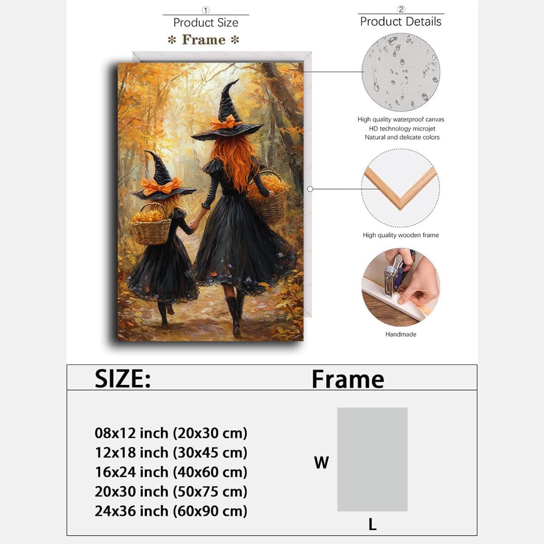 Mother Witch And Child Daughter Witch Wall Art,Halloween Autumn Woodland Forest Path Picture,Family Room Nursery Playroom Kids Room Decor,8"x12" Framed