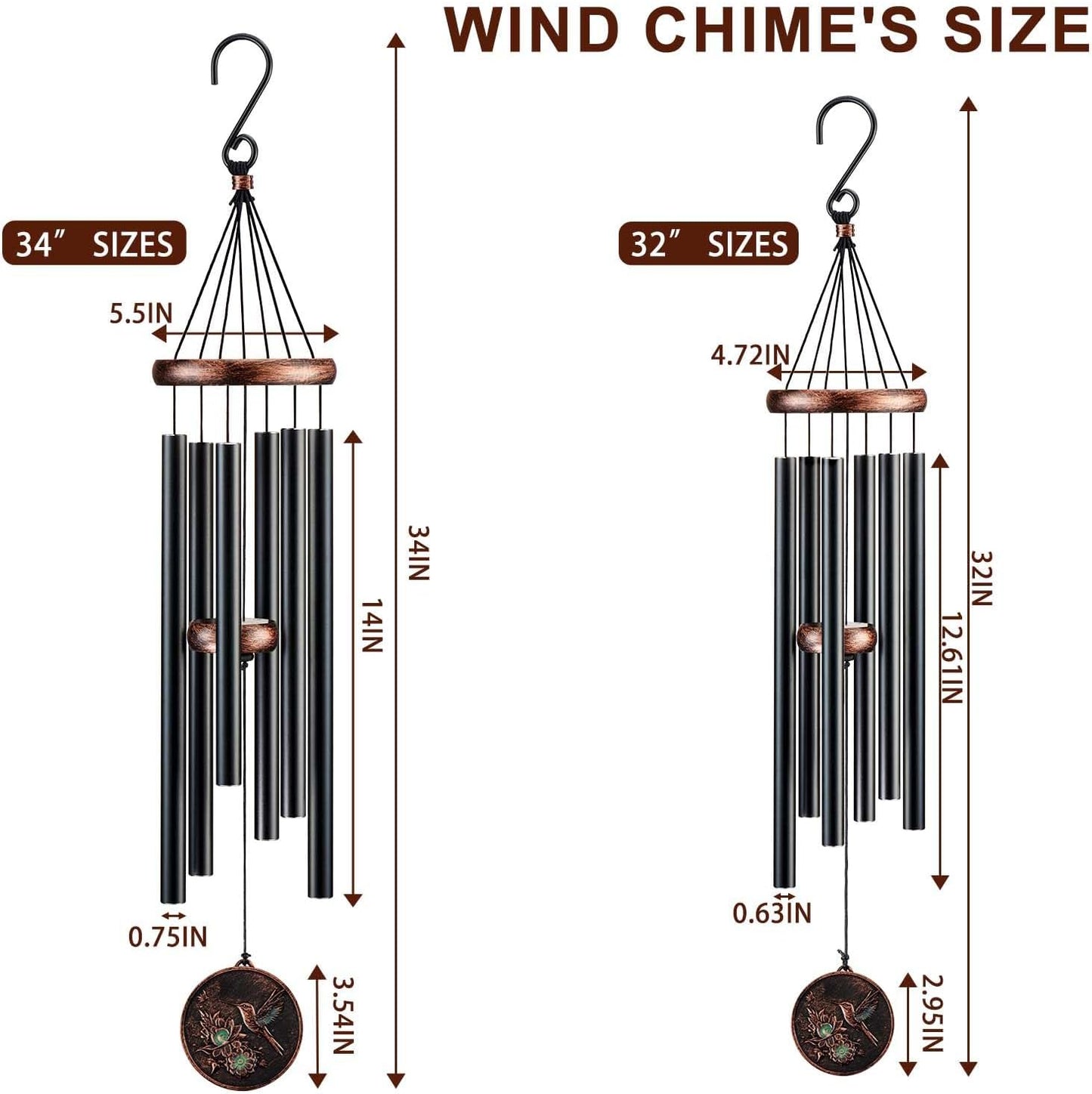 Wind Chimes for Outside, Hummingbird Deep Tone Vintage Wind Chime Outdoor Clearance, Sympathy/Memorial/Festivals/Birthday Gift for Mom Dad Grandma, Home Garden Patio Decor (32" Hummingbird)