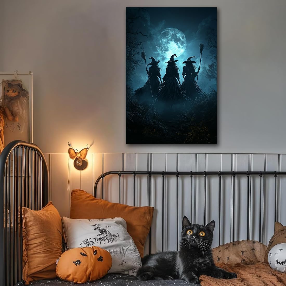 Moonlight Witches Halloween Canvas Art Picture,Three Witches on Broom in Forest Painting Print Gothic Decor,Halloween Witch Poster Witchy Room Aesthetic Bedroom Home Decorations,16"x24" Unframed