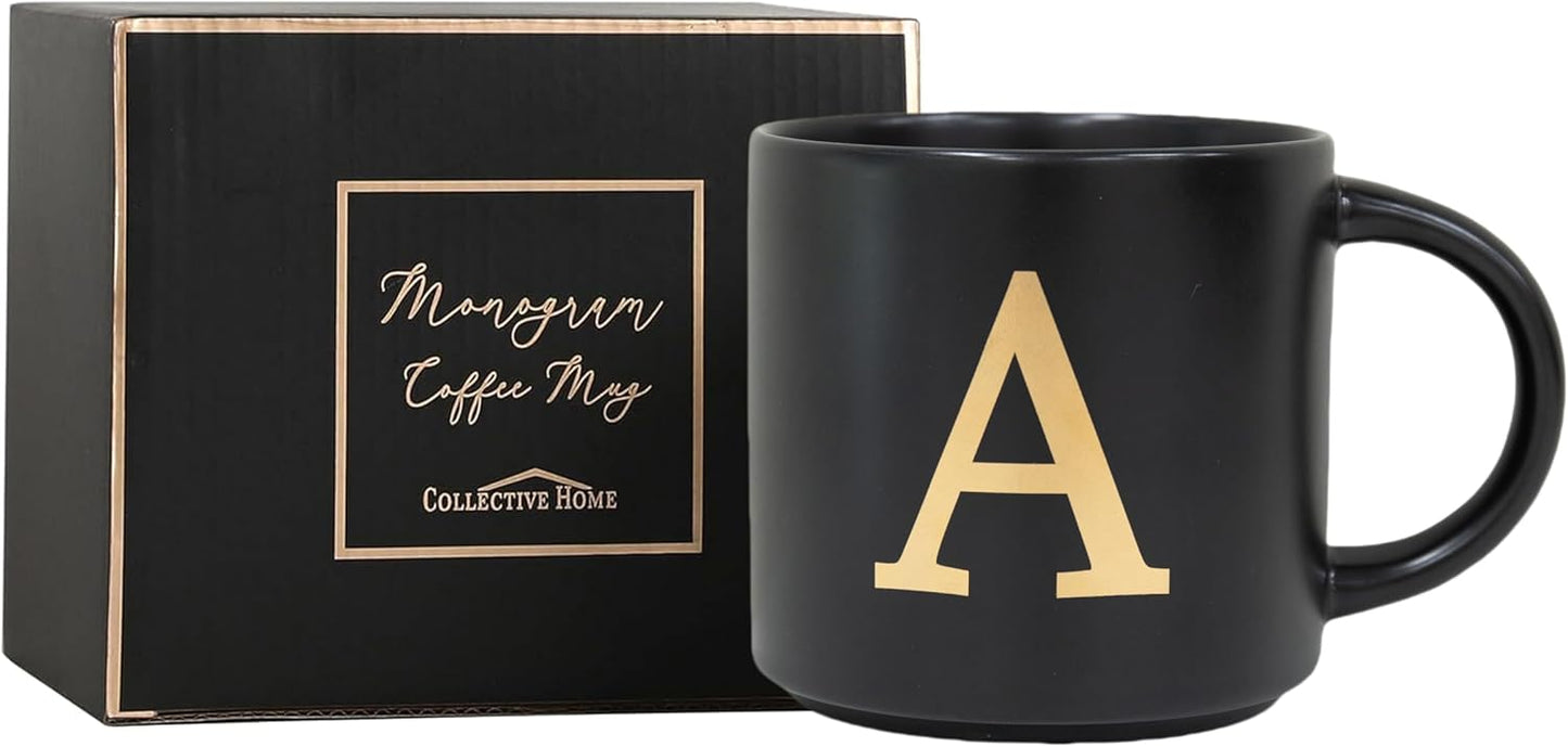 COLLECTIVE HOME - Monogram Ceramic Mugs, 15 oz Golden Initial Black Coffee Cups, Elegant Alphabet Tea Mugs, Elegant Personalized Mug with Gift Box, Unique Mug with Double Side Capital Lette (A-1)