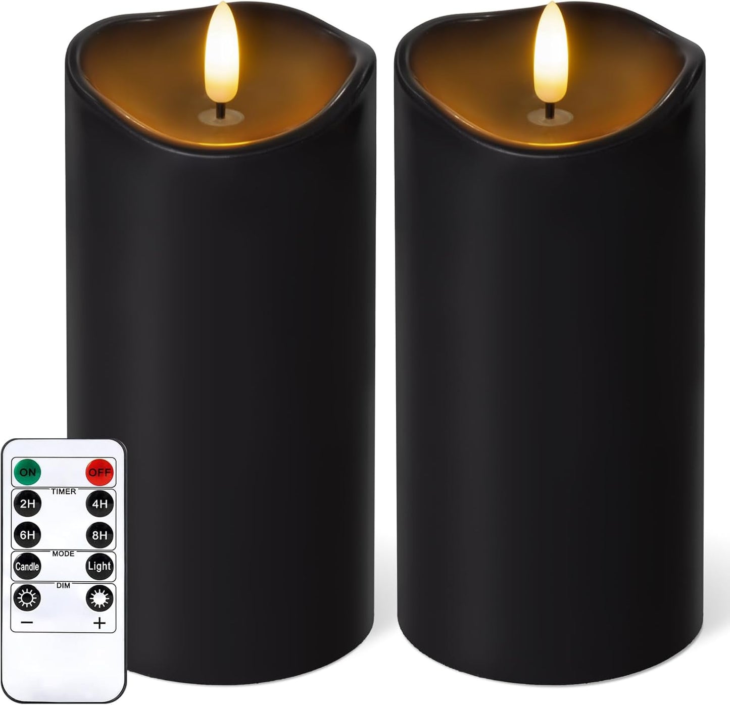 NURADA Outdoor Flameless Candles with Remote Timer - Waterproof Realistic Flickering LED Pillar Electric Battery Operated Fake Candle for Home Halloween Holiday Party Decor - 2 Pack Black(D3”H6”6”)