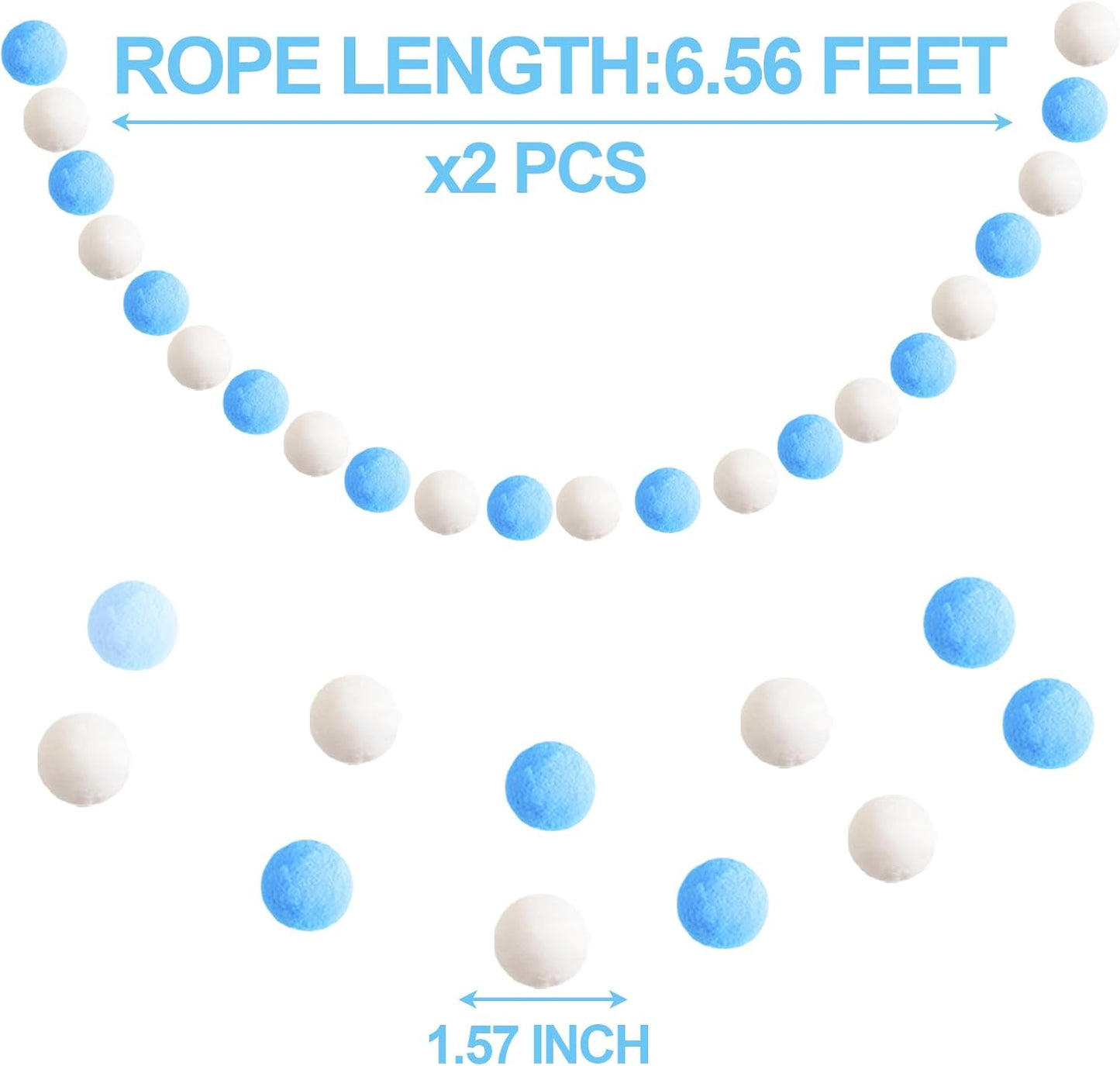 XmasExp Pom Pom Garland Decorations - Large Blue Felt Ball Garland for Mantle, Gender Reveal, Baby Shower, Tree Ornaments and Party Hanging Decor,13 Ft. (Blue, 1.57")