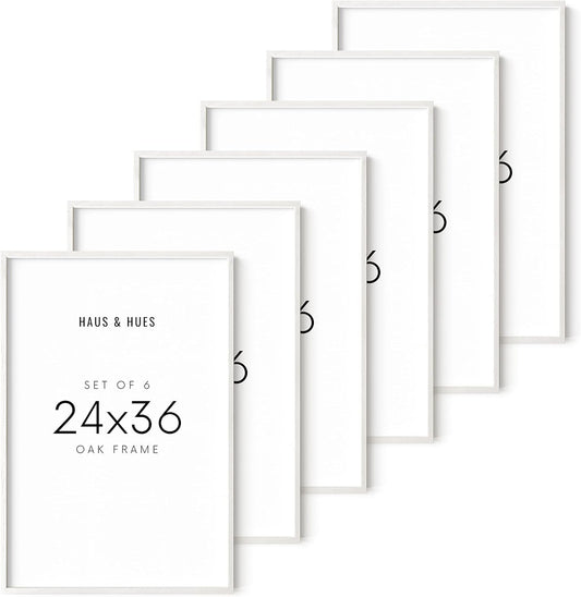 HAUS AND HUES 24x36 Frame Set of 6 - Poster Frames 24 X 36 Inches White Gallery Wall Frame Set, White Picture Frames Pack 24 x 36 Poster Frame, Large Picture Frames 24x36 Frame Wood (White Oak Frame)