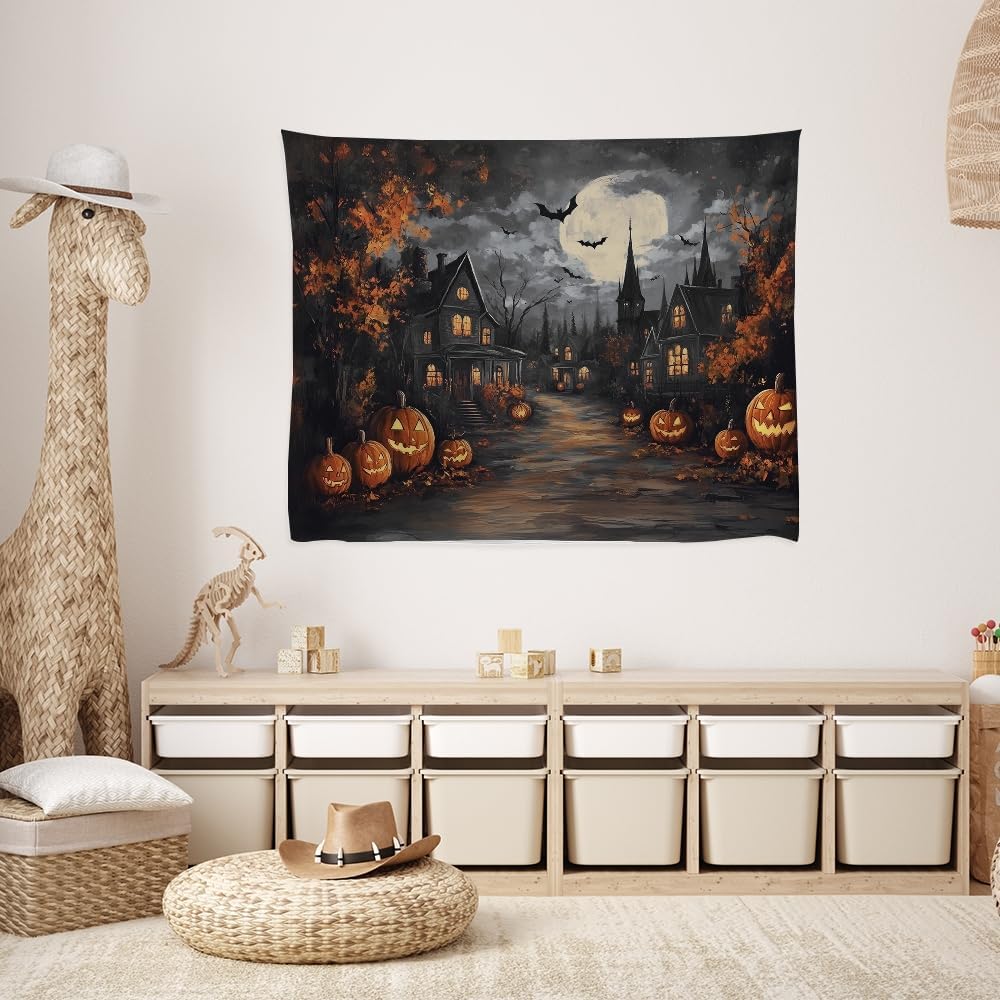 Spooky Halloween Tapestry Haunted Home Bats Pumpkin Tapestry Wall Hanging Dark Academia Fall Full Moon Decor Gothic Ghost Tapestries for bedroom Living Room Decoration 50x60inch