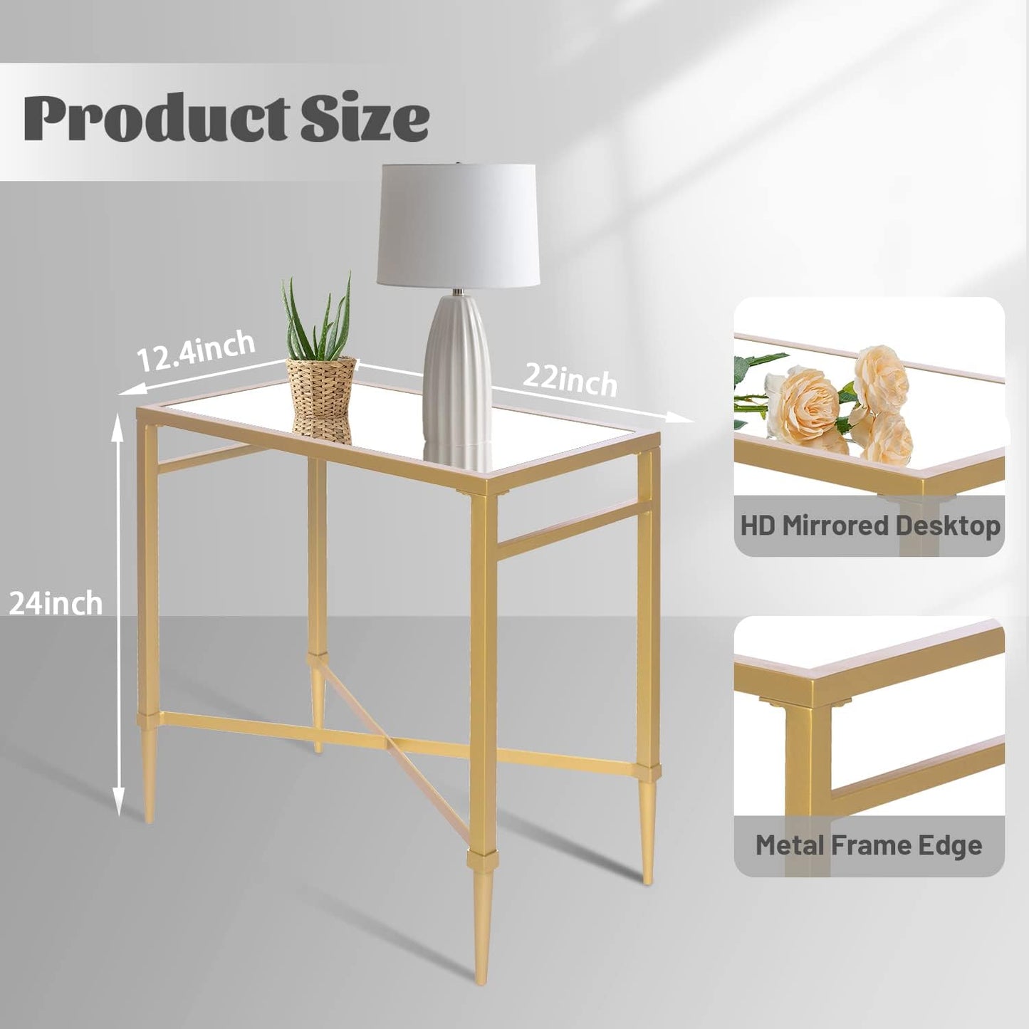 Gold End Table, Rectangle Side Table with Mirrored Top, Modern Metal End Table, Small Narrow Side Table for Living Room, Balcony, 22" L x 12.4" W x 24" D