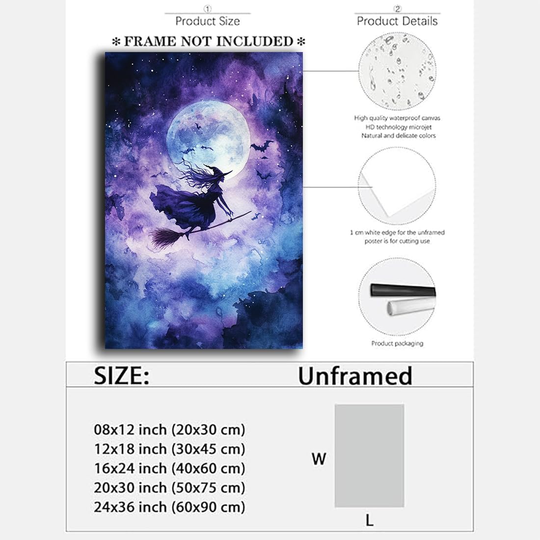 Witch On Broom Flying Wall Art,Gothic Halloween Canvas Wall Art,Victorian Witch Silhouette In Moonlight Broomstick Poster Pictures,Creepy Halloween Purple Night Sky Print,24"x36" Unframed