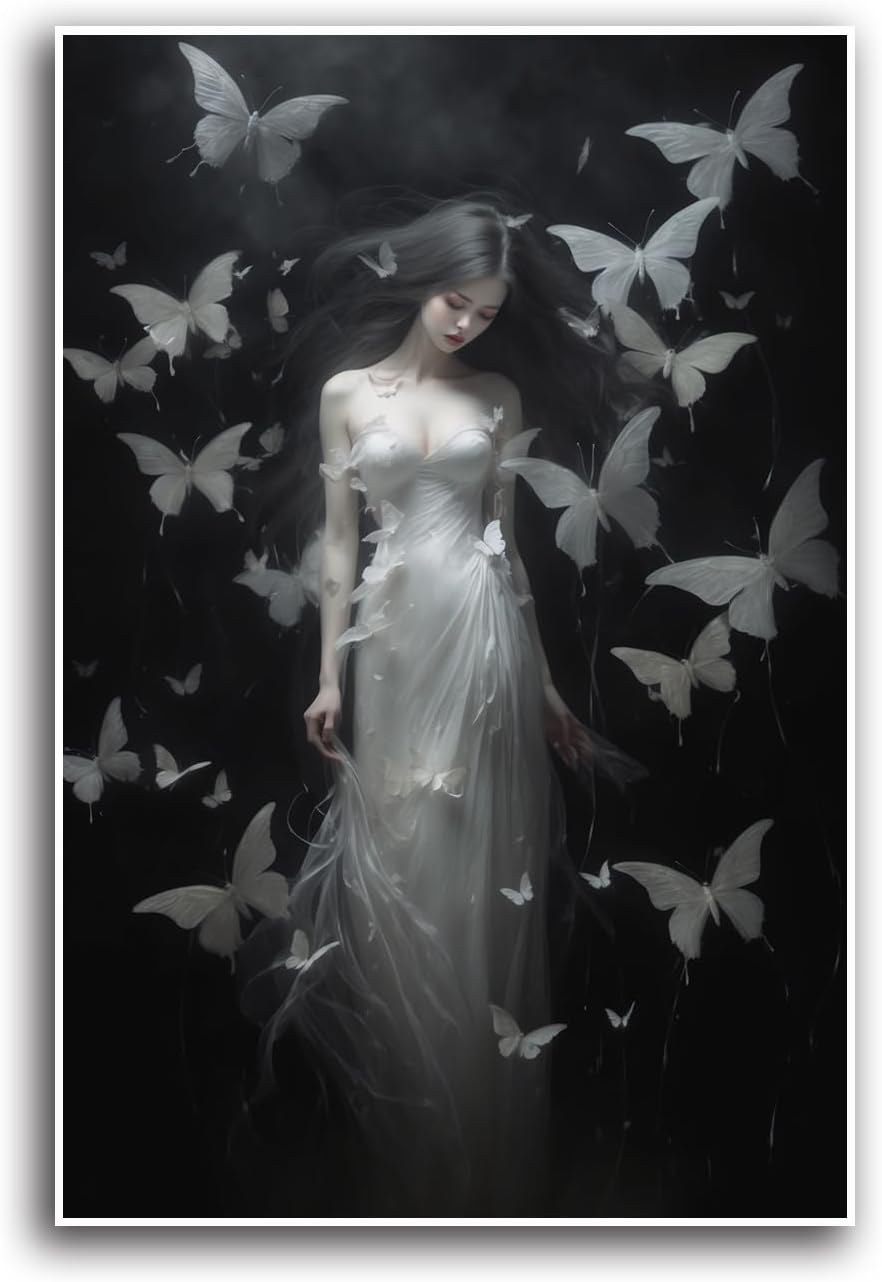 JFHCQJPK Vintage Gothic Feminine Canvas Wall Art Print Butterfly Poster Moody Female Wall Art Retro Artwork Dark College Decor for Home Bedroom24x36in Frameless