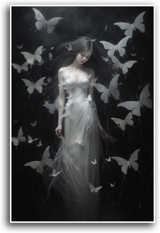 JFHCQJPK Vintage Gothic Feminine Canvas Wall Art Print Butterfly Poster Moody Female Wall Art Retro Artwork Dark College Decor for Home Bedroom12x16in Frameless