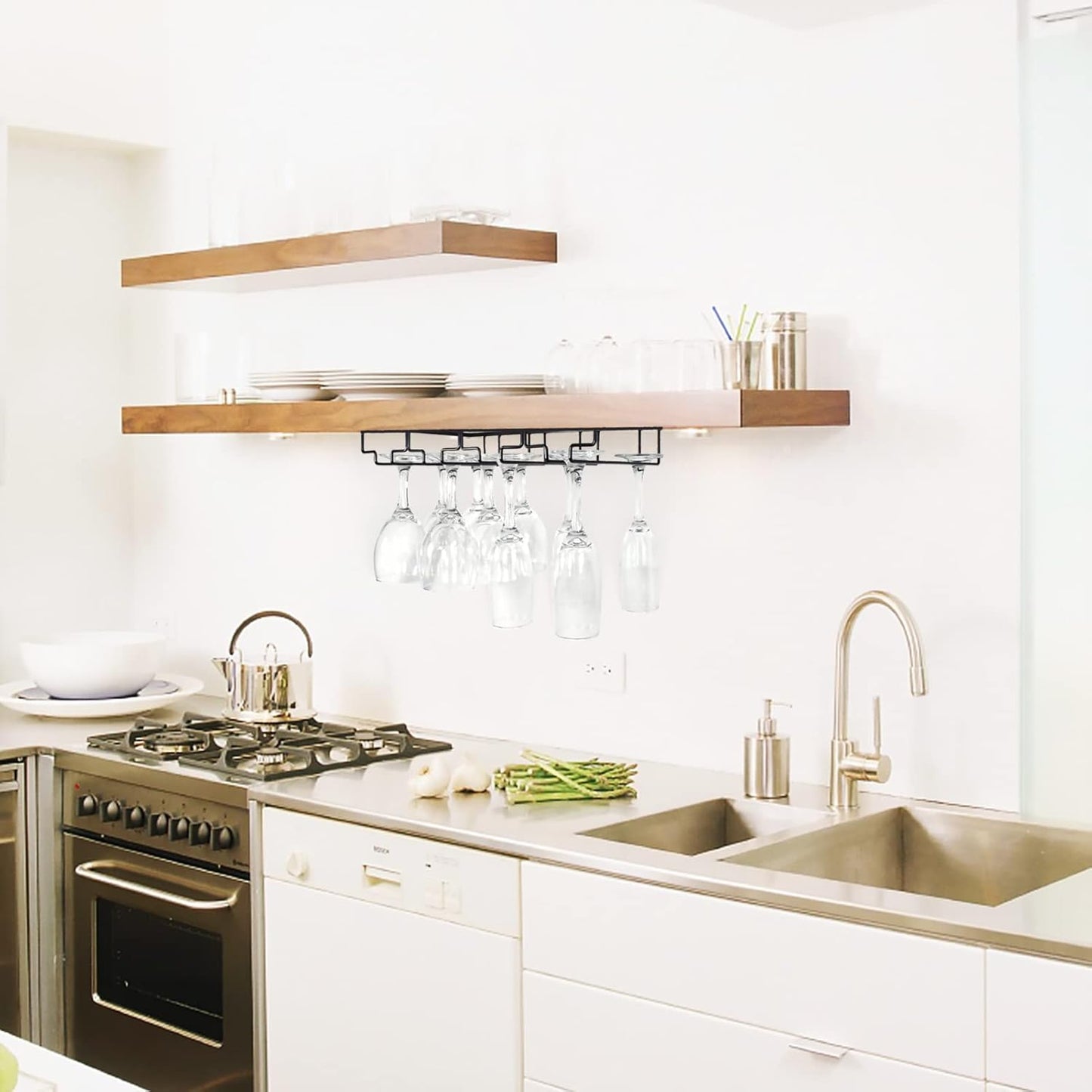 4 Rows Wine Glass Rack Under Cabinet Hanging Stemware Wine Glass Holder Under Shelf, 2 Packs Wire Wine Glasses Racks Hanger for Bar, Kitchen