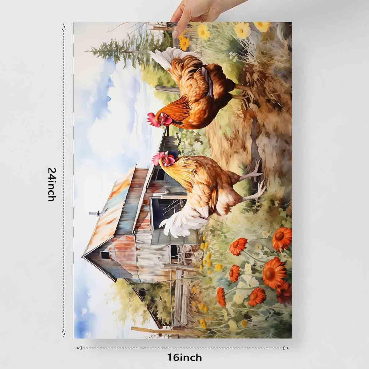 Chicken Farm Wall Art Rustic Country Painting Chickens Pictures Vintage Countryside Canvas Wall Art Barn Rustic Farmhouse Pictures Animals Wildflower Painting Living Room Decor 16x24inch No Frame