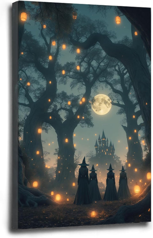 Mysterious creek painting witch and castle in magic forest art print canvas gothic print dark college decoration poster for home bedroom24x36in Wood Framed