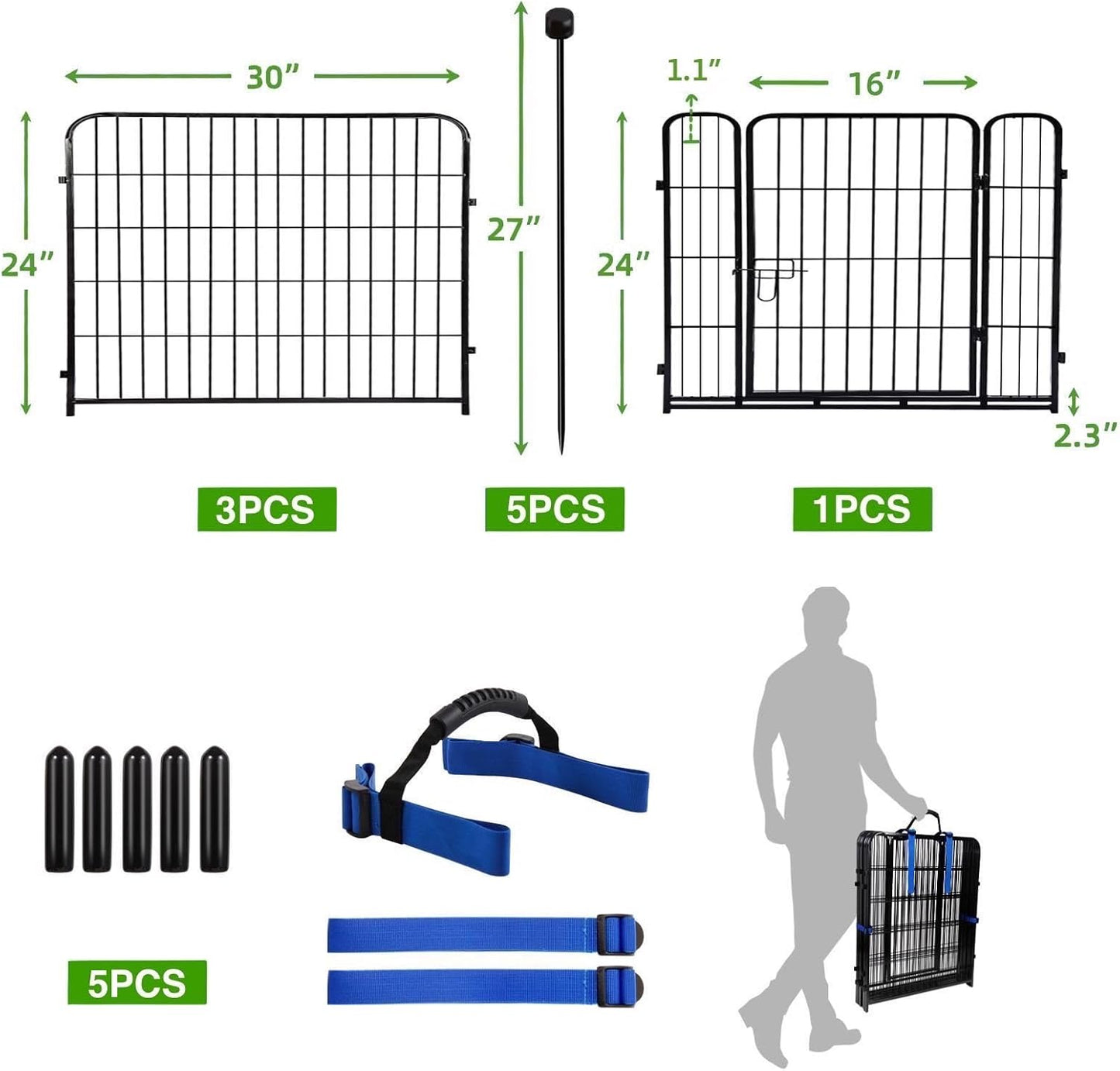 ADAVIN Dog Playpen Outdoor, 24in(H) x 9.8Ft(L) 4 Panels Animal Fence for Yard, Low Threshold Gate,Black Metal Garden Fencing, Temporary Fence for Puppy and Small Dogs, Dog Play Pen for RV Camping