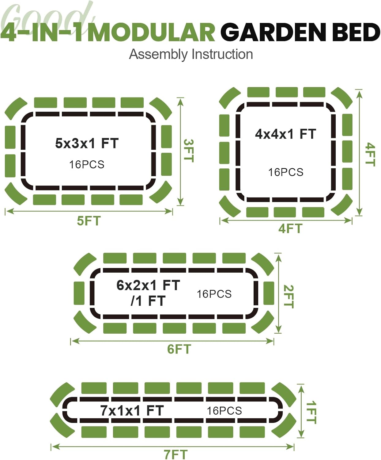 G GOOD GAIN 4-in-1 Adjustable Raised Garden Bed Kit | Galvanized Planter Boxes for Vegetables, Flowers | 12" Tall, Multiple Sizes (5x3x1ft, 4x4x1ft, 6x2x1ft, 7x1x1ft) | Outdoor Metal Raised Bed, Green