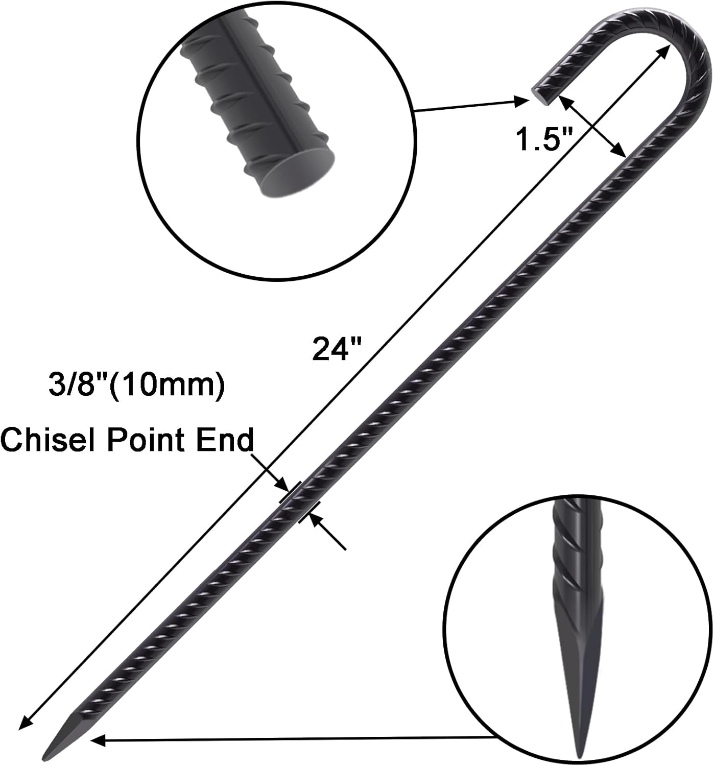VVOKGO Rebar Stakes 24 Inch J Hook Heavy Duty Ground Anchors (16pcs), 3/8 Inch Diameter Metal Steel Extra Long Fence Stakes with Chisel Point End for Greenhouse, Gazebo, Carport, Camping Tents, Black