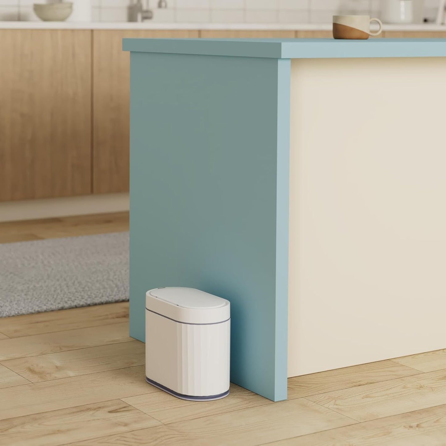 ELPHECO Mini Trash Can with Lid Small Desktop Trash Can with Lid, 5 Liter Automatic Garbage Bin, 1.3 Gallon Motion Sensor Countertop Waste Basket for Bedroom, Office, Bathroom, White with Grey Trim