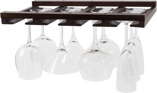 Rustic State Eze 4 Sectional Wood Under Cabinet Wine Glass Holder Wine Glass Rack Hanging Shelf Stemware Bar Organizer - 12 Wine Glass Storage - 10 Inch Deep - Chestnut Stained