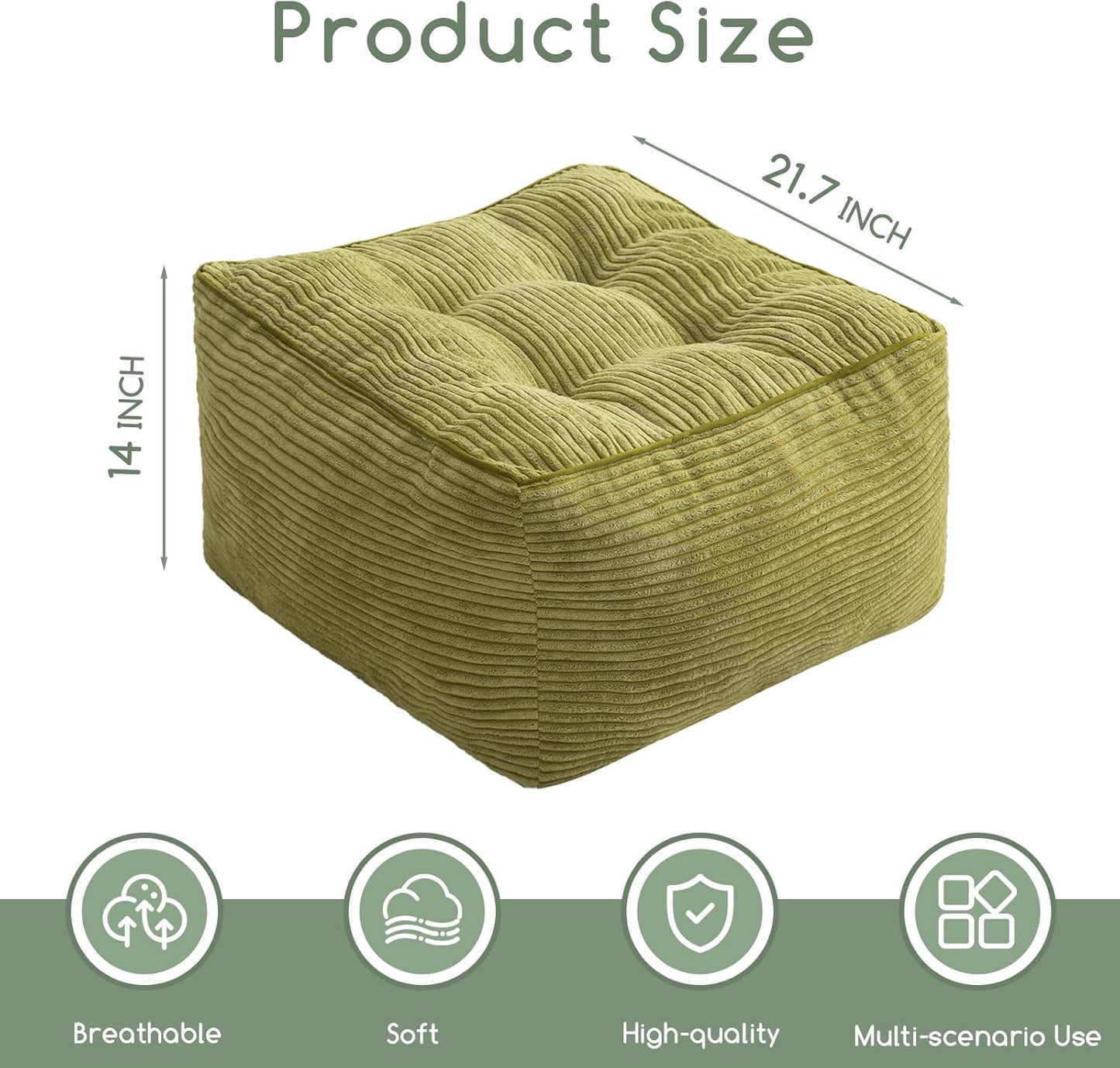 HIGOGOGO Square Stuffed Pouf Ottoman, Corduroy Poufs with Foam Chunk Filling, Furry and Fluffy Pouf Foot Stool Storage Ottoman, 21 X 21 Floor Poufs Foot Rest for Living Room, Green