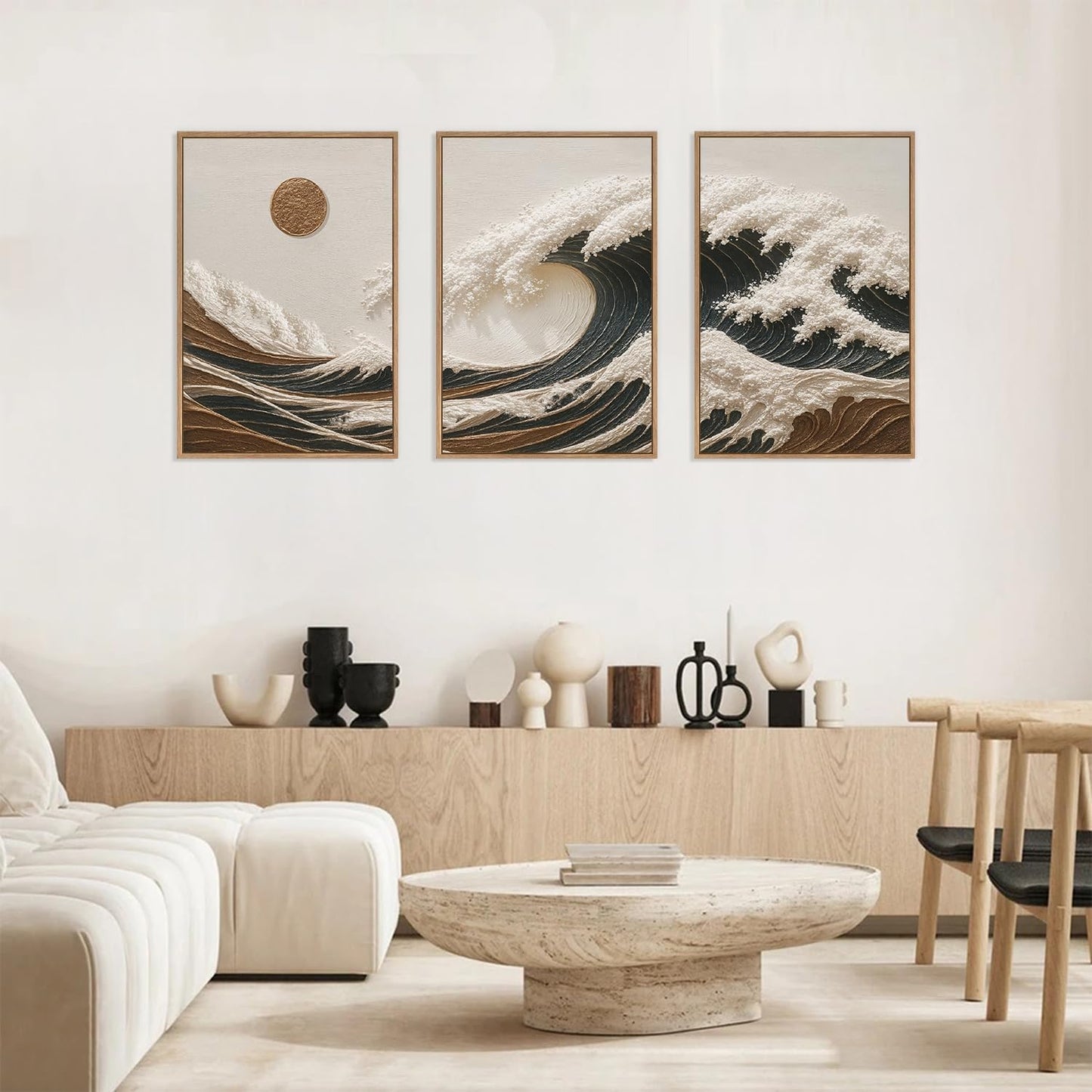 HLNIUC Sea Wave Framed Canvas Wall Art,Abstract Sun Seascape Wall Decor Set of 3(16”x24”) Large Modern Ocean Beach Art Print,Great Wave Sunset Pictures Canvas Famed Painting for Living Room,Bedroom