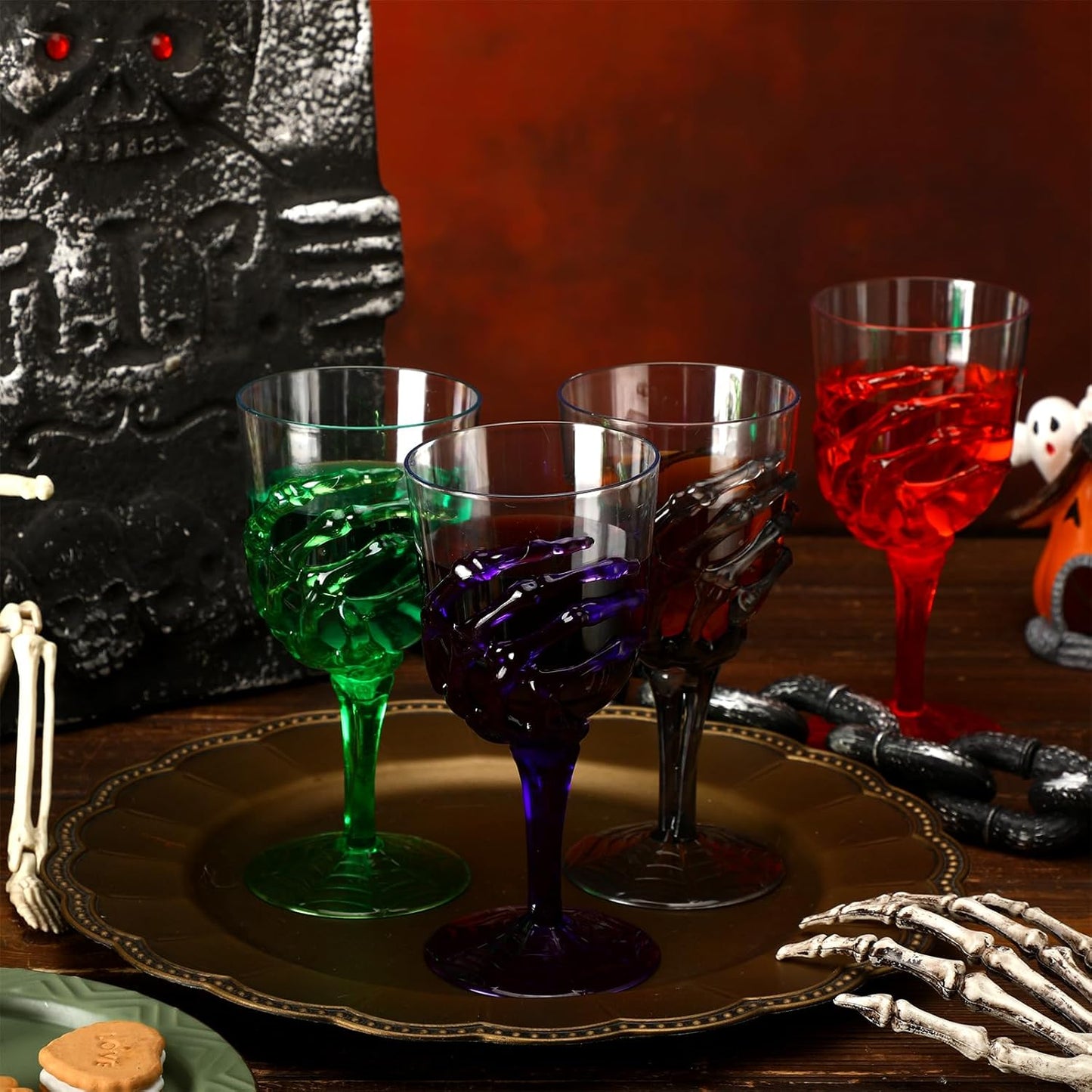 Yungyan 60 Pcs Halloween Skeleton Hand Plastic Goblets Set 12 oz Spooky Skeleton Hand Goblets Halloween Clear Cups Wine Glasses Creepy Champagne Decorations for Party Haunted House 4 Color