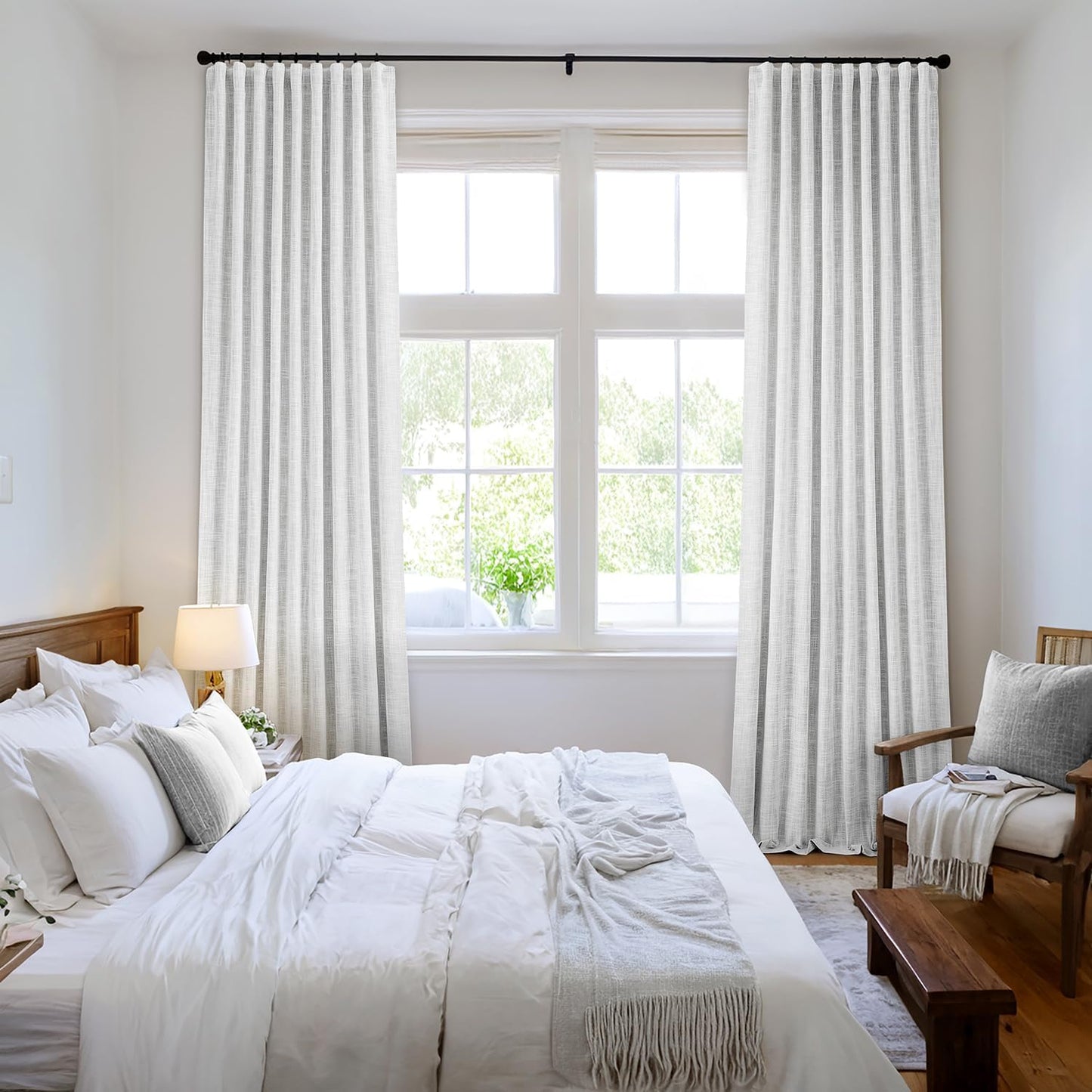 MIULEE Greyish White 100% Blackout Linen Curtains 84 Inch 2 Panels Set Double Sided No Coating Pleated Back Tab Black out Long Thermal Insulated Pinch Pleat Bedroom Living Room Darkening Window Drapes