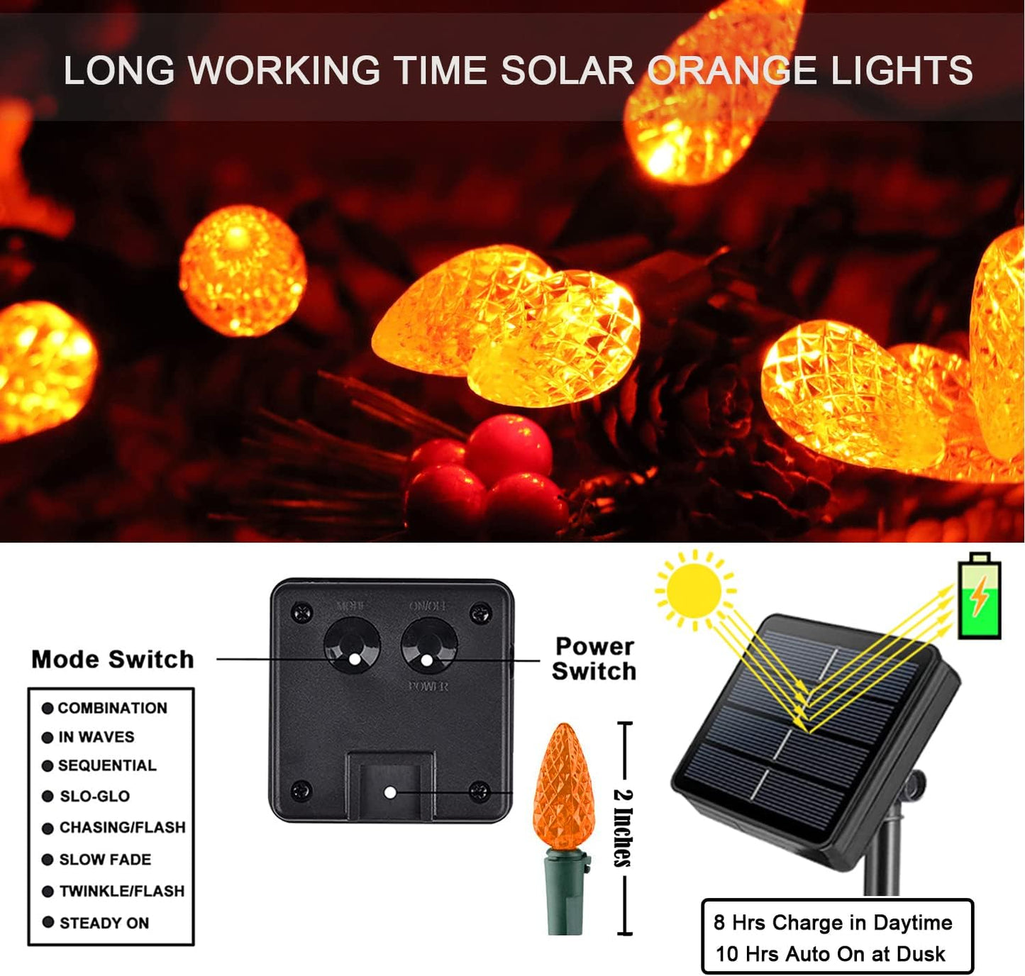 HUGSVIK 21Ft 50LED C6 Orange Lights for Halloween, 8 Mode Solar Halloween Lights Outdoor, Waterproof Solar Christmas Decorations for Halloween Thanksgiving Holiday Christmas Decor