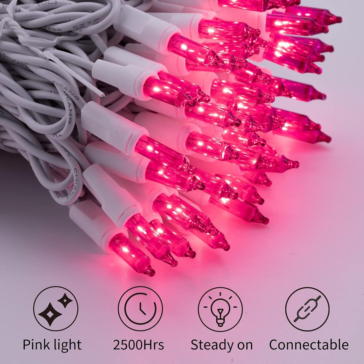 Pink String Lights with 100 Clear Bulbs on White Wire - 26.5 FT Waterproof Connectable Mini Tree Lights for Indoor Outdoor Use Party Holiday Patio Decorations