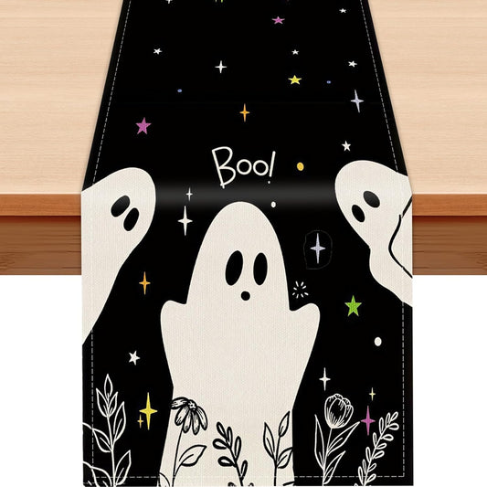 Halloween Black Table Runner Spooky Ghost Floral Boo Table Linen Runner Seasonal Holiday Kitchen Dining Table Decoration Halloween Decorations for Indoor Outdoor Home Party Decor 13x36 Inch