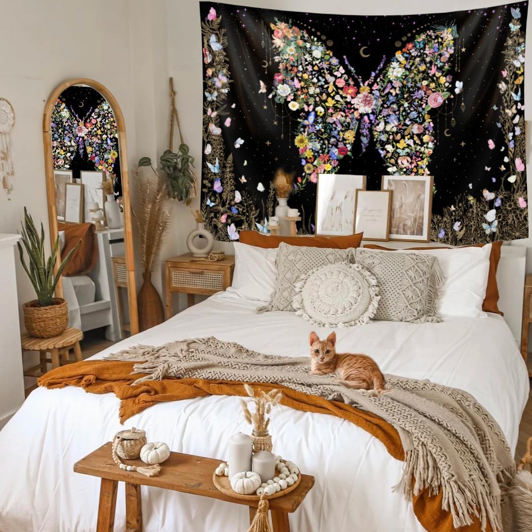 Damanse Butterfly Tapestry Wall Hanging Cute,Boho Wall Tapestry for Bedroom Aesthetic,Flower Living Room Decor for Teen Girls (Black, 49.20" x 59.10")