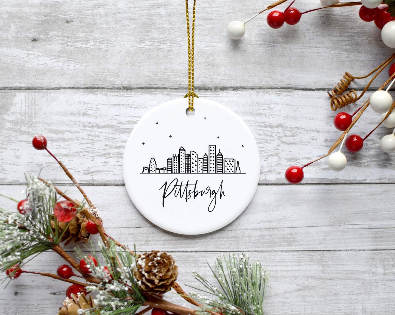 Andaz Press Round Ceramic Porcelain Christmas Tree Ornament Keepsake, Pittsburgh Black and White Stars City Skyline Graphic, 1-Pack, Birthday Gift Family Coworker Him Her, Includes Gift Box
