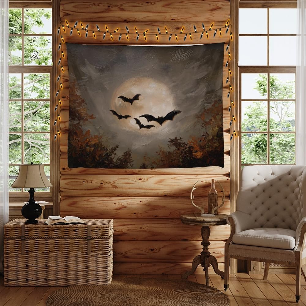 Spooky Halloween Bats Dark Academia Full Moon Autumn Leaves Wall Hanging Vintage Haunted Home Artwork Gothic Witchy Ghost Tapestries for bedroom Living Room Decor 30x40inch