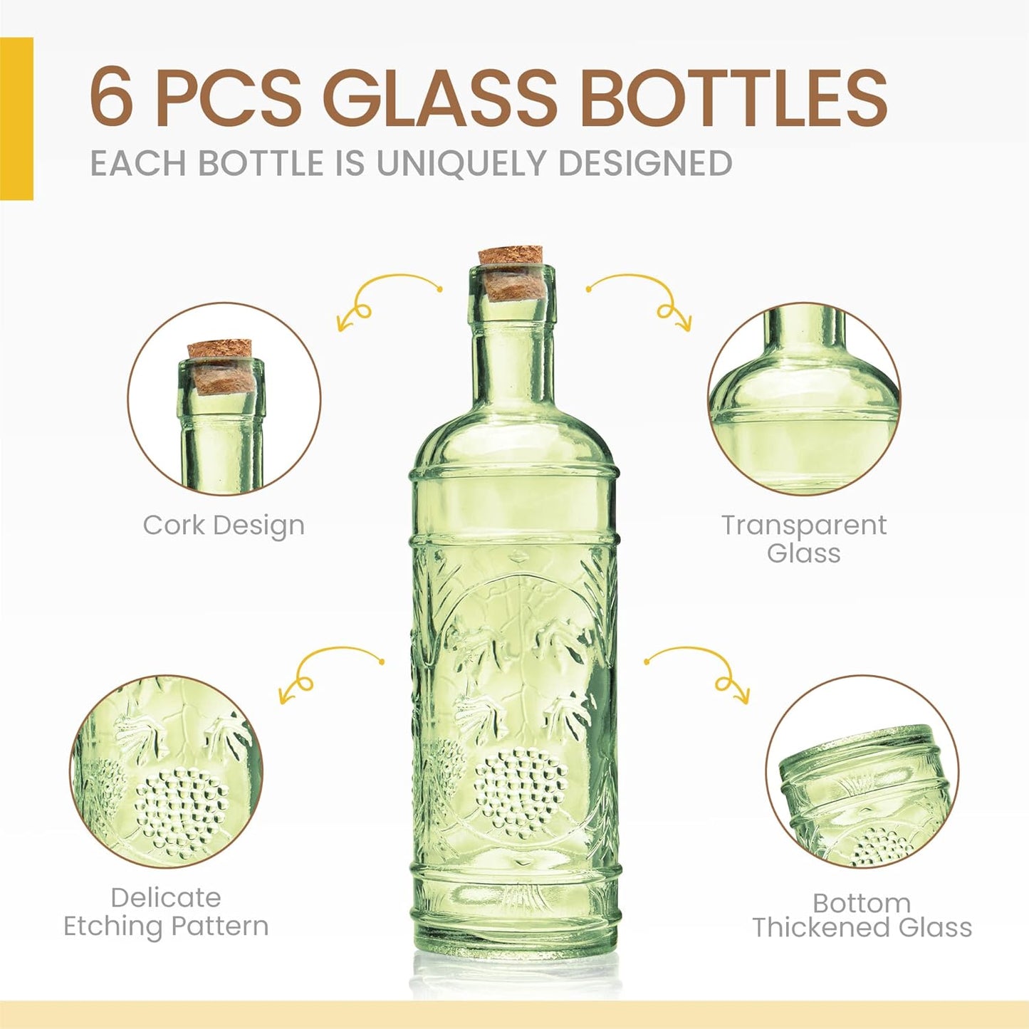 Assorted Green Glass Bottles with Corks, 6 Pack, 2.5in X 9in, 16oz