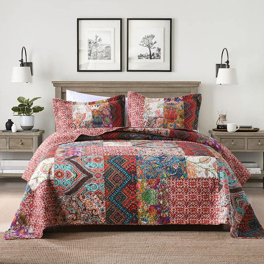 Autumn Dream Cotton Patchwork Bedspread Quilt Sets, Reversible Bedding Coverlet Sets, Red Gorgeous Vintage Pattern, QueenSize
