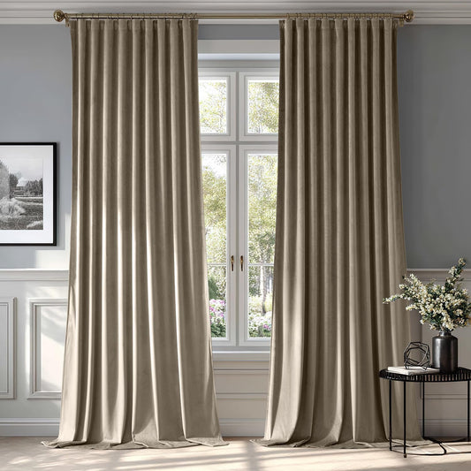 MIULEE Taupe Velvet Curtains 84 inches 2 Panels - Luxury Room Darkening Window Drapes for Bedroom Living Room Thermal Insulated Super Soft Blackout, Back Tab Rod Pocket Pinch Pleated, W52 x L84